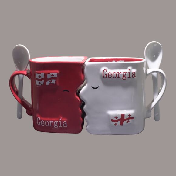 Kissing Mugs w/ 2 Teaspoons Ceramic Red & White Gift Valentine NWOT - Picture 5 of 11